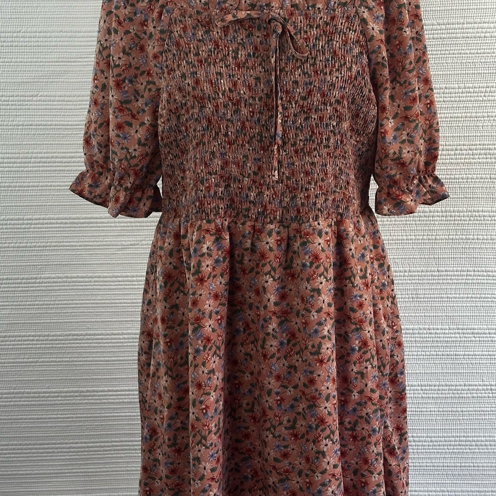 Allegra K 1X Floral Smocked Midi Dress – Cottagecore Puff Sleeve Fall Dress - Picture 8 of 12